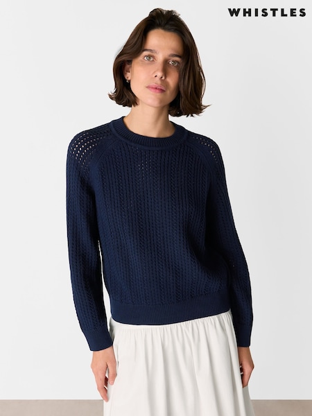 Whistles Blue Pointelle Crew Neck Knit 100% Cotton Jumper (F93235) | £109