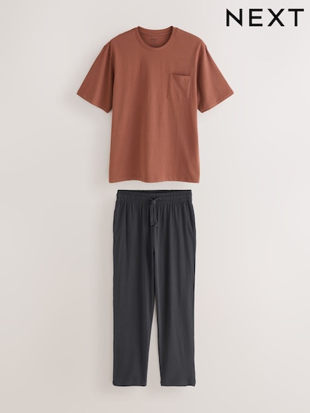 Rust Brown/Slate Grey Jersey Long Pyjamas Set (F93265) | £26