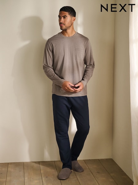 Brown/Navy Blue Long Sleeve Jersey Pyjamas Set (F93271) | £26