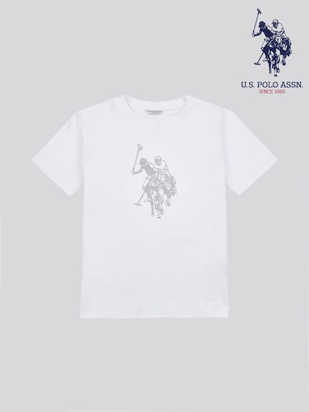 U.S. Polo Assn. White Womens Double Horsemen Print Crew Neck 100% Cotton T-Shirt (F93370) | £30