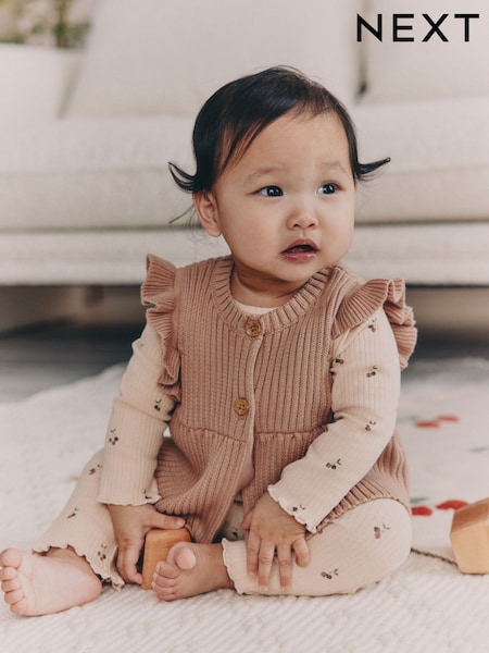 Neutral Cherry Baby Knitted Gilet, Long Sleeve Top and Leggings 3 Piece Set (0mths-3yrs) (F93551) | £18 - £20