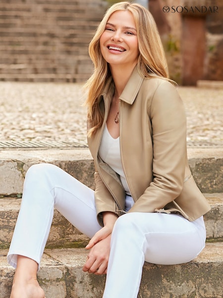 Sosandar Natural Zip Detail Collared Leather Jacket (F93585) | £275