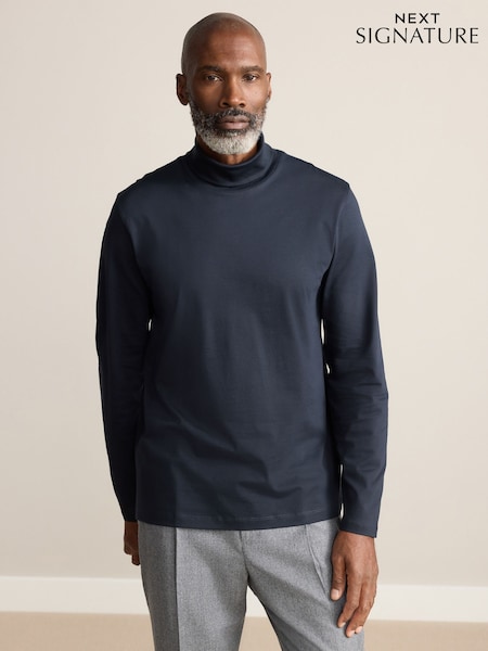 Navy Blue Signature SUPIMA® Cotton Long Sleeve Roll Neck T-Shirt (F93744) | £25