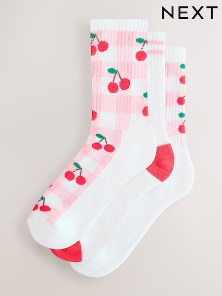 Pink Gingham Cherry Cushion Sole Ribbed Sport Arch Support Ankle Socks 3 Pack (F93753) | £10