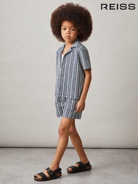 Reiss Blue Teti Zig-Zag Knit Drawstring Shorts (F93796) | £30