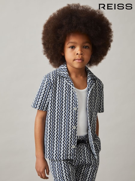 Reiss Blue Vallatta Zig-Zag Knit Cuban-Collar Shirt (F93799) | £28