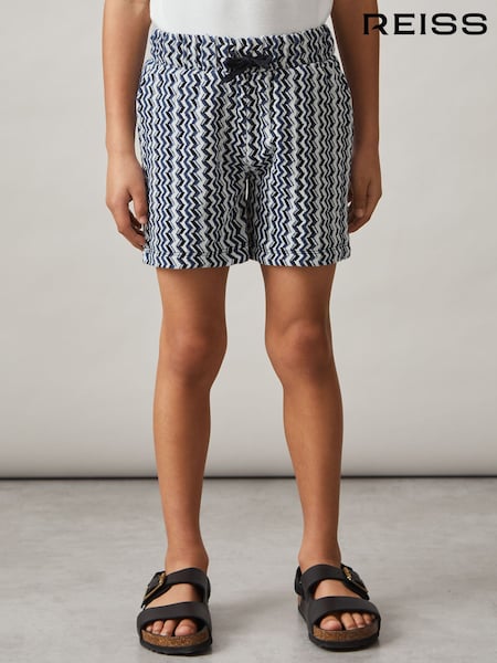 Reiss Blue Teti Zig-Zag Knit Drawstring Shorts (F93801) | £34