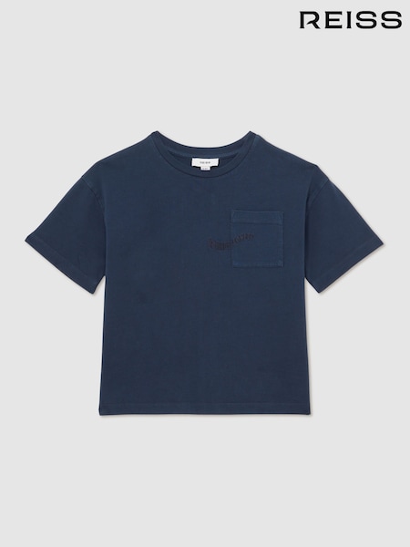 Reiss Washed Navy Tane Cotton Palm-Embroidery Oversize T-Shirt (F93811) | £28