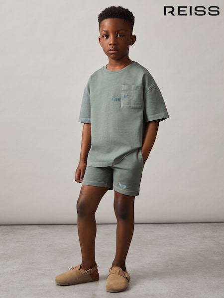 Reiss Washed Sage Tane Cotton Palm-Embroidery Oversize T-Shirt (F93815) | £22