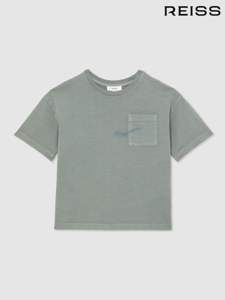 Reiss Washed Sage Tane Cotton Palm-Embroidery Oversize T-Shirt (F93820) | £28