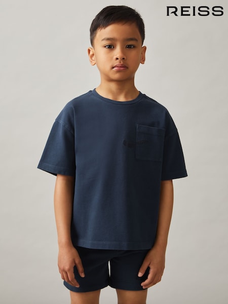 Reiss Washed Navy Tane Cotton Palm-Embroidery Oversize T-Shirt (F93823) | £26