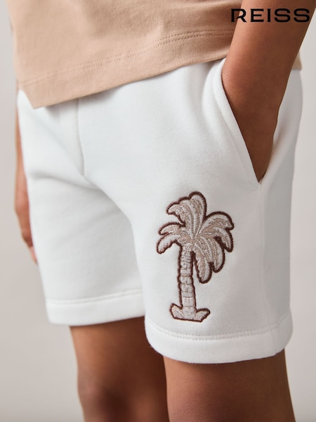 Reiss Off White Kayo Cotton Blend Palm Embroidered Shorts (F93828) | £36
