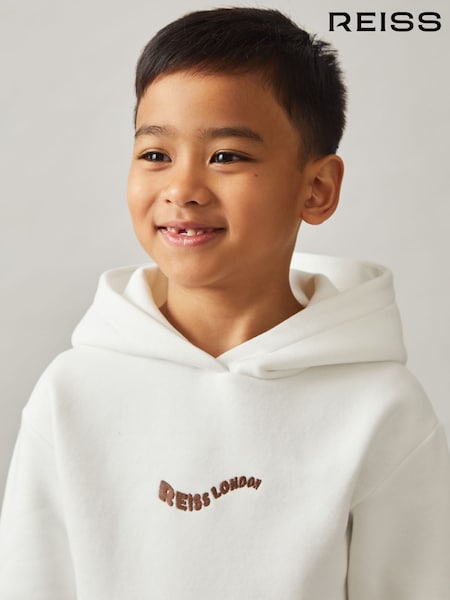 Reiss Off White Manilla Cotton-Blend Palm-Embroidered Hoodie (F93833) | £38