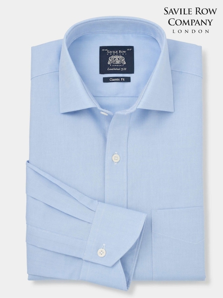 The Savile Row Company Blue Textured 100% Cotton Classic Fit Single Cuff Formal Shirt (F93855) | £55