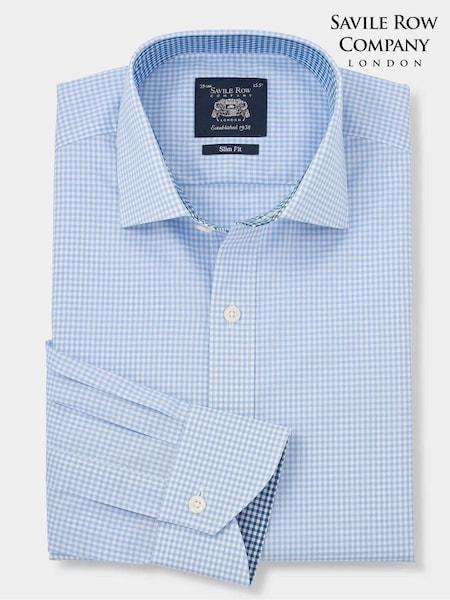 The Savile Row Company Slim Fit Blue Gingham Check Single Cuff Formal 100% Cotton Shirt (F93856) | £55