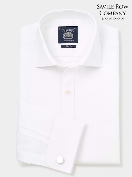 The Savile Row Company Slim Fit Textured 100% Cotton Double Cuff Formal White Shirt (F93858) | £55