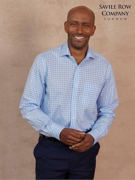 The Savile Row Company Blue 100% Cotton Gingham Check Classic Fit Single Cuff Formal Shirt (F93872) | £55