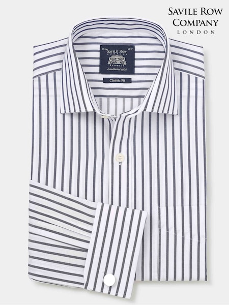 The Savile Row Company Blue Striped 100% Cotton Classic Fit Striped Double Cuff Formal Shirt (F93873) | £55