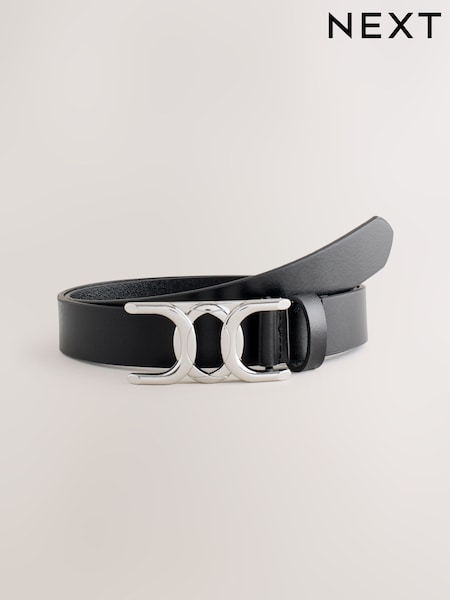 Black/Silver Tone Regular Statement Buckle Leather Belt (F93876) | £16