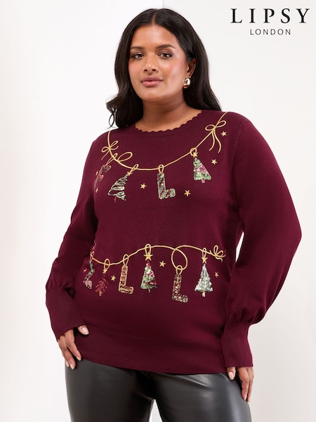 Lipsy Burgundy Red Petite Christmas Crew Neck Knitted Jumper (F94152) | £34