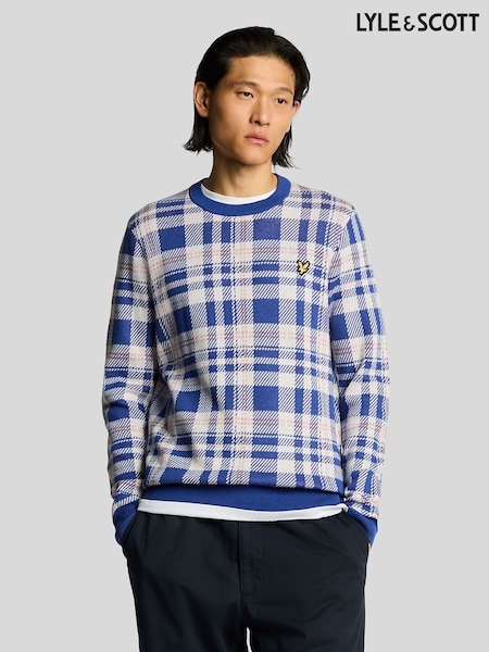 Lyle & Scott Blue Spring Tartan Crew Neck Jumper (F94263) | £90