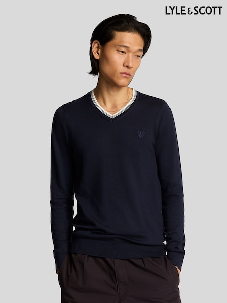 Lyle & Scott Blue 100% Cotton Tipped V-Neck Jumper (F94336) | £90