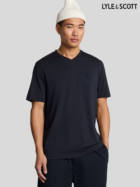 Lyle & Scott Blue 100% Cotton Superfine V Neck T-Shirt (F94345) | £40