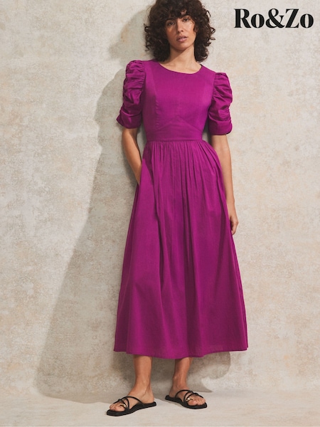Ro&Zo Purple 100% Cotton Puff Sleeve Midi Dress (F94424) | £99