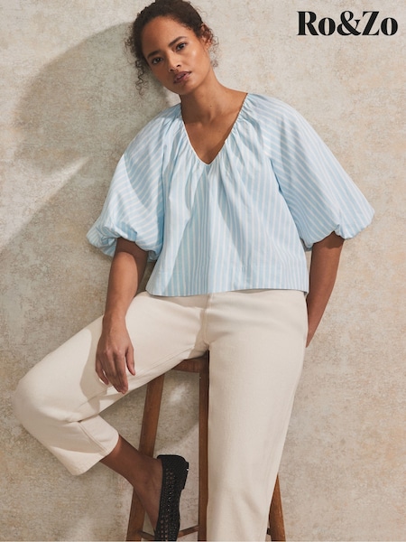 Ro&Zo Blue 100% Cotton Stripe Puff Sleeve V-Neck Top (F94433) | £69