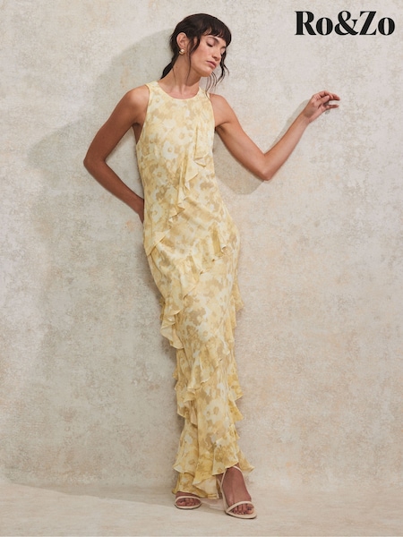 Ro&Zo Yellow Layla Blurred Floral Frill Dress (F94435) | £149