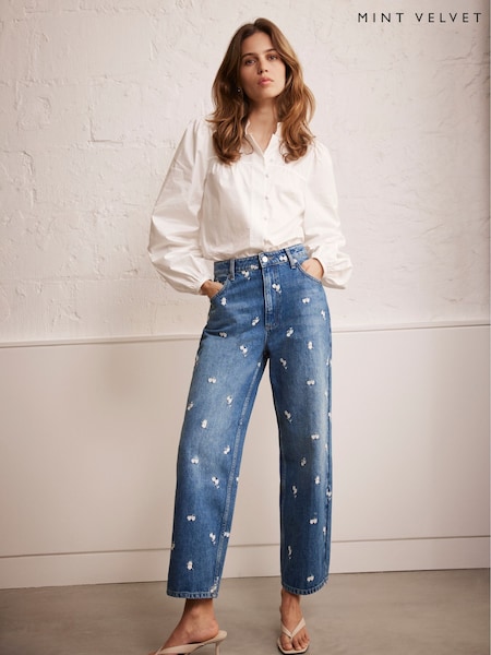 Mint Velvet Blue 100% Cotton Embroidered Floral Relaxed Jeans (F94655) | £110