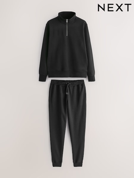 Black Jersey Quarter Zip Sweatshirt and Slim Fit Joggers Set 2 Piece (F94845) | £54