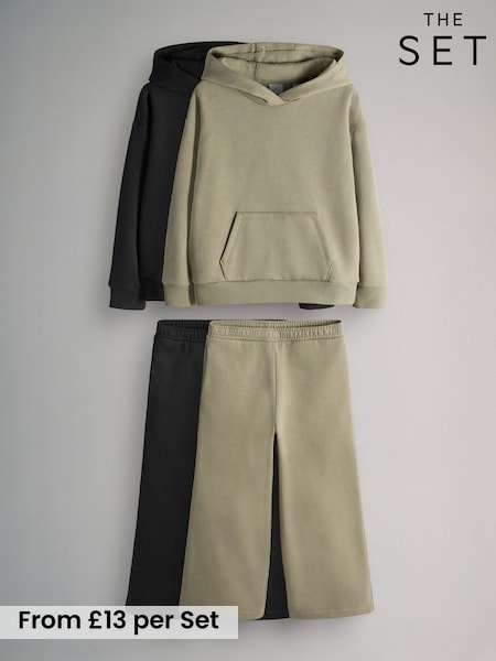 The Set Black/Khaki 2 Pack Hoodie & Wide Leg Joggers Set (F94882) | £26 - £32