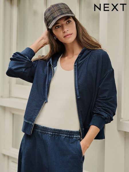 Dark Blue Denim Jersey Zip Through Hoodie (F95013) | £35