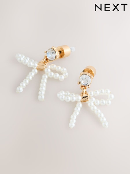Gold Tone Pearl Effect Bow Stud Earrings (F95031) | £8.50