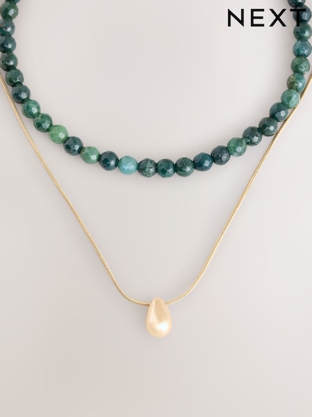 Green Real Stone Beaded Two Row Necklace (F95058) | £16