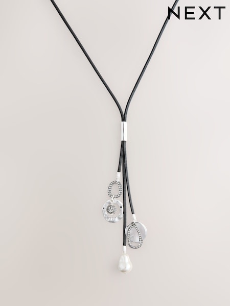 Black Cord Cluster Long Lariat Necklace (F95063) | £18