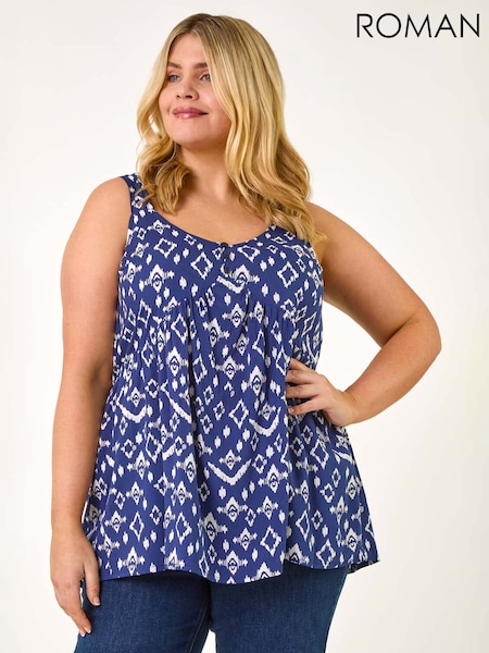 Roman Blue Curve Ikat Print Woven Vest Top (F95089) | £32