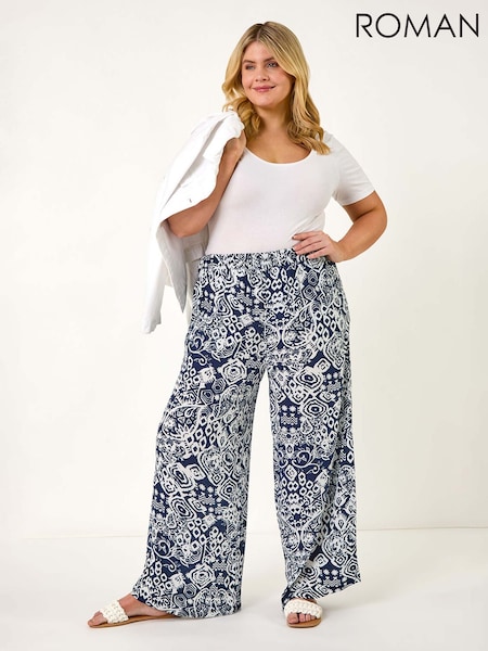 Roman Blue Curve Ikat Print Wide Leg Trousers (F95092) | £42