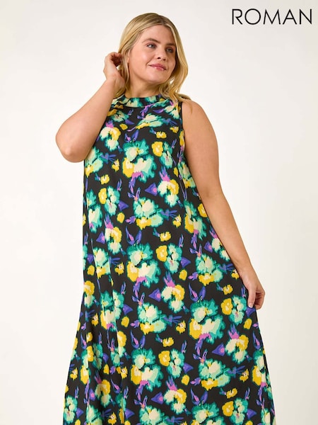 Roman Green Curve Highneck Floral Midi Dress (F95109) | £55