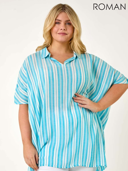 Roman Blue Curve Stripe Popover Woven Top (F95128) | £40