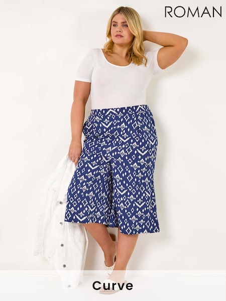 Roman Blue Curve Ikat Print Wide Leg Culottes (F95138) | £36