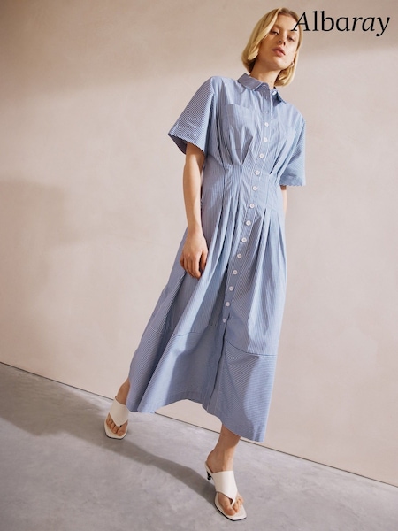 Albaray Blue Ticking Stripe Pleat Dress (F95175) | £99