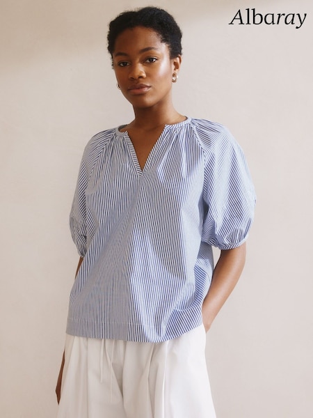 Albaray Blue Ticking Stripe Notch Neck Top (F95203) | £69