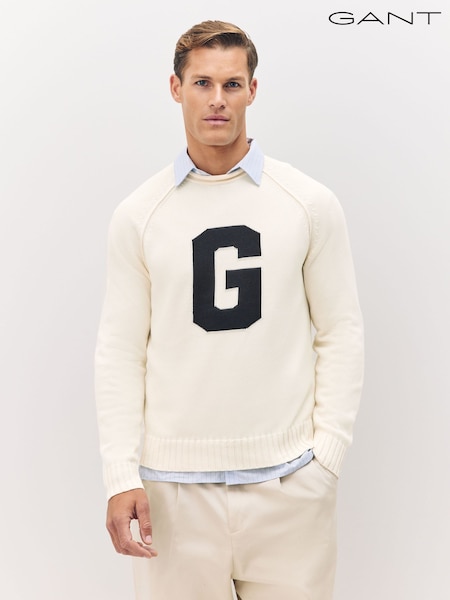 GANT Cream 100% Cotton Knitted G Crew Neck Jumper (F95279) | £175