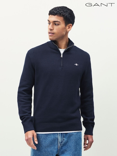 GANT Blue Textured 100% Cotton Half Zip Jumper (F95299) | £130