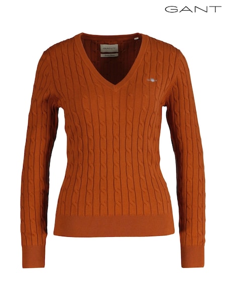 GANT Brown Stretch Cotton Cable Knit V-Neck Sweater (F95304) | £125