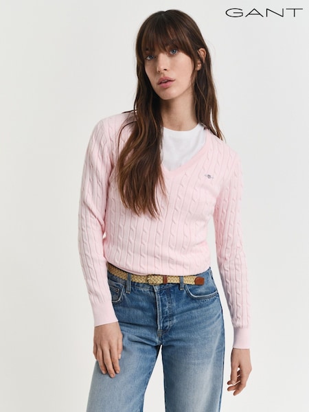 GANT Pink Stretch Cotton Cable Knit V-Neck Sweater (F95311) | £125