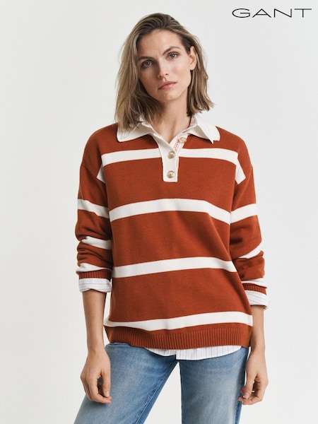 GANT Brown Long Sleeve Striped Knit Polo Shirt (F95330) | £165