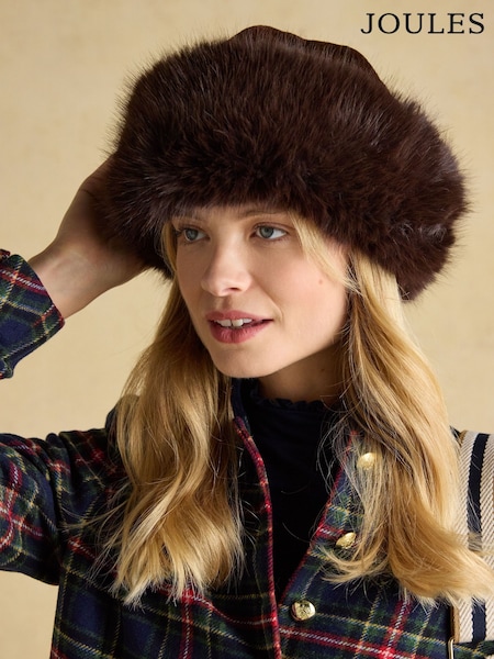 Joules Aspen Chocolate Brown Faux Fur Hat (F95689) | £29
